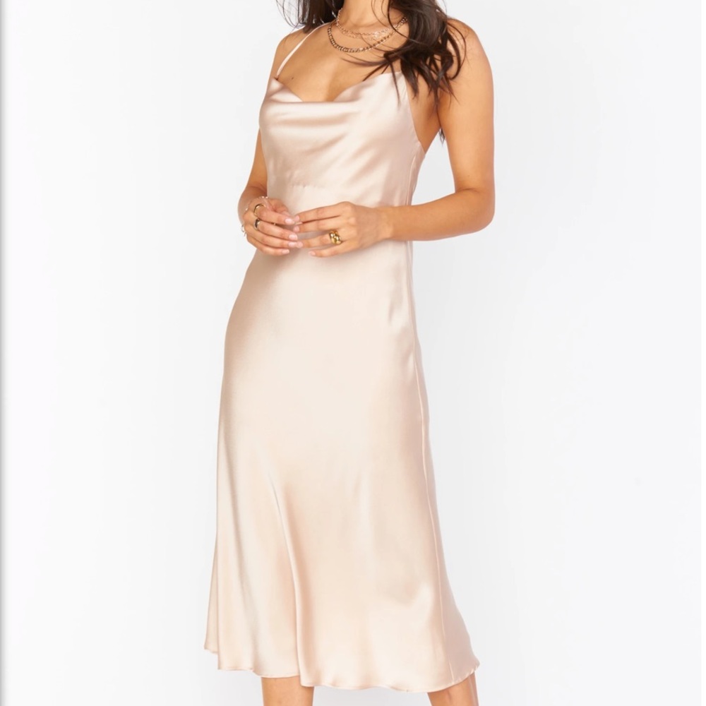 Show Me Your MuMu Champagne Blush Satin Cowl Midi Dress